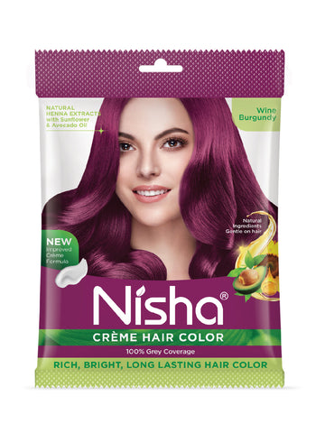 Nisha Creme Hair Color for Women - Wine Burgundy, 20g+20ml pouch, Long-lasting, 100% Grey Coverage Permanent Hair Colour for Soft, Shiny, Healthy Hair 40 GM