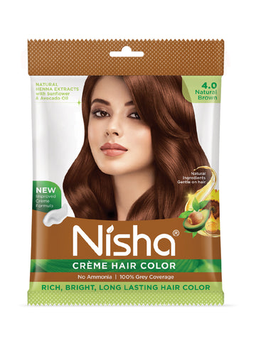 Nisha Creme Hair Color for Women - Natural Brown, 20g+20ml pouch, Long-lasting, 100% Grey Coverage Permanent Hair Colour for Soft, Shiny, Healthy Hair 40 GM