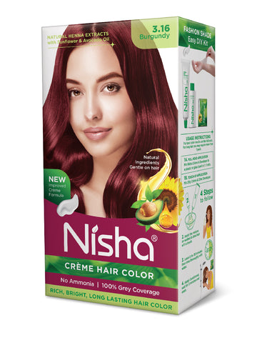 Nisha Creme Hair Color for Women - Burgundy, 60g+60ml, Long-lasting, 100% Grey Coverage Permanent Hair Colour for Soft, Shiny, Healthy Hair 120 GM