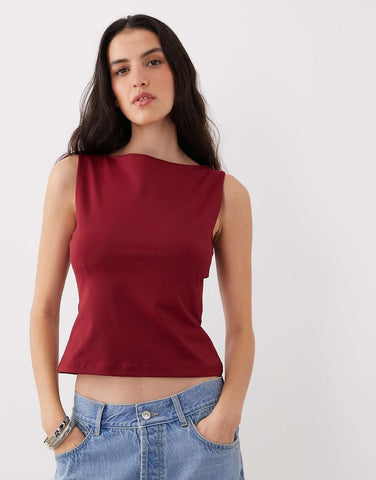 Burgundy Slinky Boat Neck Sleeveless Top
