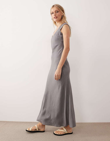 Grey Scoop Neck Bias Maxi Dress