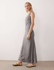 Grey Scoop Neck Bias Maxi Dress