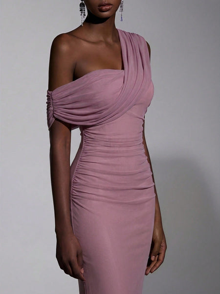 Elegant Mesh One-Shoulder Ruched Maxi Dress