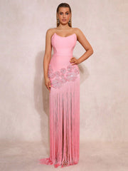 Pink 3D Floral Rhinestone Off-Shoulder Tassel Dress