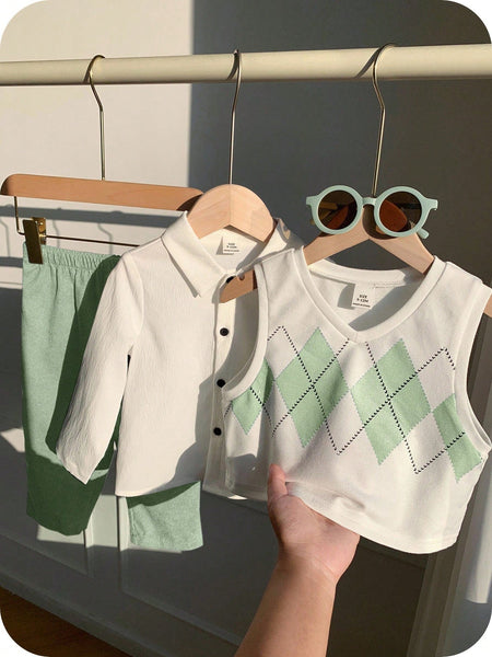 3-Piece Baby Boy Argyle Vest Outfit Set