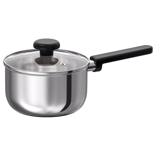 MIDDAGSMAT, Saucepan with lid, clear glass/stainless steel, 2 l