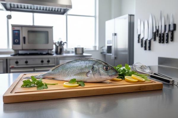 RAW cHANGU FISH IN culinary SETTING KITCHEN 
