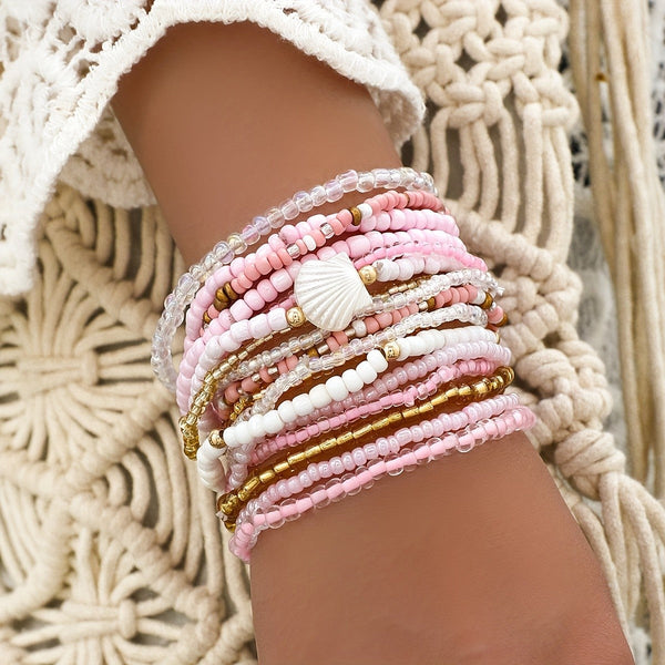 Pink Bohemian Shell Beaded Bracelet Set