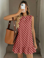 Red Plaid Sleeveless Mini Dress