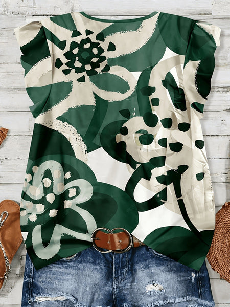Green Floral Ruffle Sleeve Casual Shirt