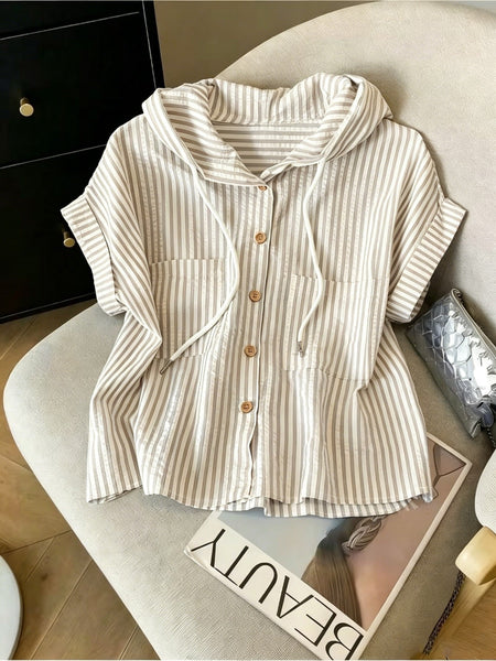 Beige Striped Hooded Short Sleeve Shirt