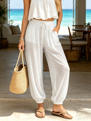 White Drawstring Beach Harem Pants