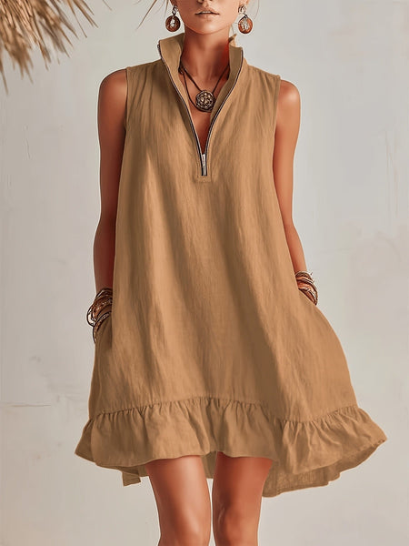 Khaki Sleeveless Zip Neck Ruffle Hem Dress