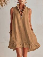 Khaki Sleeveless Zip Neck Ruffle Hem Dress