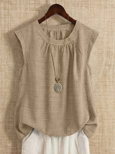 Beige Sleeveless Round Neck Summer Blouse