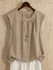 Beige Sleeveless Round Neck Summer Blouse