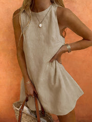 Beige Sleeveless Cotton Mini Dress