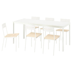 VIHALS / BUSLÄTT, Table and 6 chairs, white/white pine, 120/180x74 cm