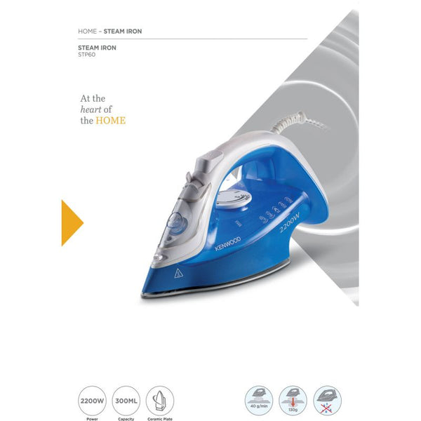 Kenwood Steam Iron 2200W with Ceramic Soleplate, Anti-Drip, Anti-Calc, Self Clean, Continuous Steam, Burst, Spray Function STP60.000WB