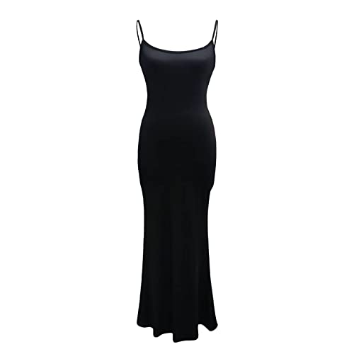 Women Spaghetti Strap Sleeveless Long Dress Solid Color Bodycon Fish Tail Dress Party Evening Maxi Dress (Black, M)
