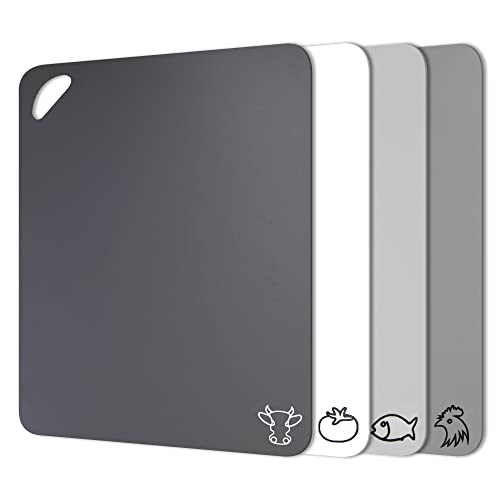 Flexible Plastic Cutting Board Mats in Unique Modern Neutral Colors with Food Icons & Easy-Grip Handles, Fotouzy BPA-Free, Non-Porous, 100% Non-Slip Back and Dishwasher Safe, Set of 4