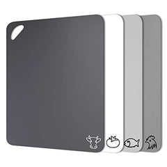 Flexible Plastic Cutting Board Mats in Unique Modern Neutral Colors with Food Icons & Easy-Grip Handles, Fotouzy BPA-Free, Non-Porous, 100% Non-Slip Back and Dishwasher Safe, Set of 4