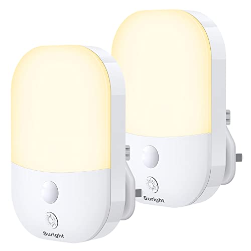 Suright Plug in Night Light with Dusk to Dawn Photocell Sensor, 2 Pack Night Light with 5 Levels Brightness Adjustable, 3000K Warm White Night Light Kids for Bedroom, Hallway, Stairs, Nursery, 0.3 W