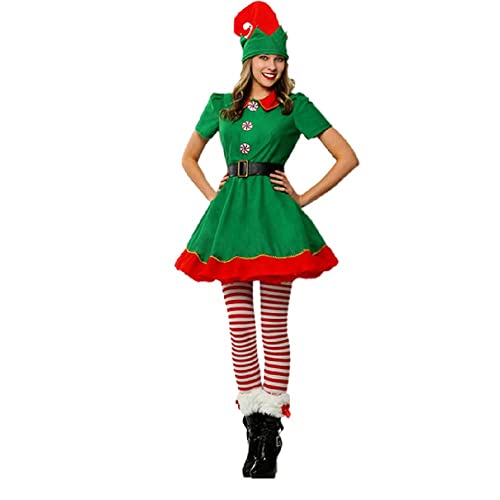 RTGSE Adult Christmas Elf Costume Clothes Set Santa's Helper Cosplay Sets Men Women Christmas Elf Outfit for Holiday Party