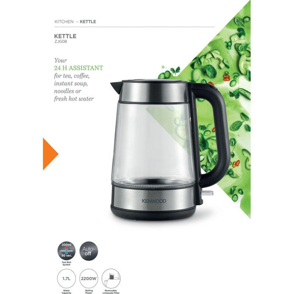 Kenwood Glass Kettle 1.7L Cordless Electric Kettle 2200W with Auto Shut-Off & Removable Mesh Filter ZJG08.000CL