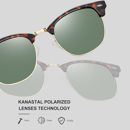 KANASTAL Green Sunglasses Mens Polarised Womens Dark Green Half Framed Sun Glasses Female Retro Semi Rimless Sunglasses - Tortoiseshell Framed Green Lens