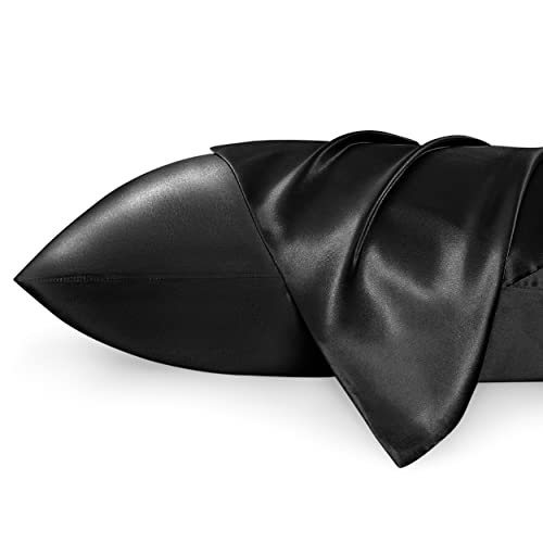 Bedsure Satin Pillow Cases 2 Pack - Black Pillowcase for Hair and Skin Standard Size with Envelope Closure, 50 x 75 cm