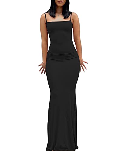 Women Spaghetti Strap Sleeveless Long Dress Solid Color Bodycon Fish Tail Dress Party Evening Maxi Dress (Black, M)