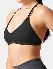 YEOREO Sports Bras for Women Padded Backless Workout Bra Karlena Low Impact Criss Cross Yoga Crop Tank Top, #0 Black, S