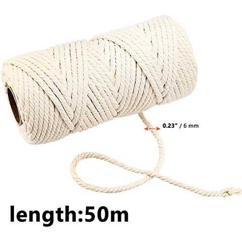 SINJEUN Macrame Cord, 6mm x 50m Natural Macrame Cord, 4 Strand Twisted Cotton Rope, Cotton Macrame Rope Unbleached Cotton Cord for Craft, Hanging Plant Hanger, Knitting, Beige