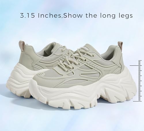 LUCKY STEP Chunky Sneakers for Women Platform Tennis Fashion White Dad Shoes Mesh Breathable Casual Wedge Lace Up Walking Sneakers, Taupe, 7 UK