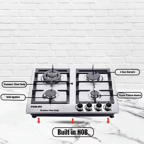 Nikai Gas Built In Hob Stainless Steel 4 Burner with FFD and Auto Ignition 50x45x25cm NGH3005N