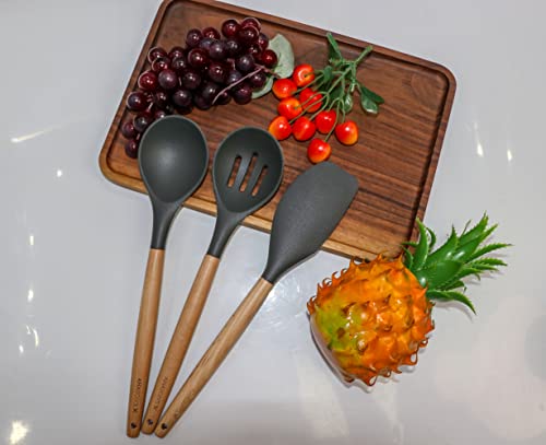 Silicone Cooking Utensils Set - 446°F Heat Resistant Silicone Kitchen Utensils for Cooking,Kitchen Utensil Spatula Set w Wooden Handles and Holder, BPA Free Gadgets for Non-Stick Cookware (Gray)