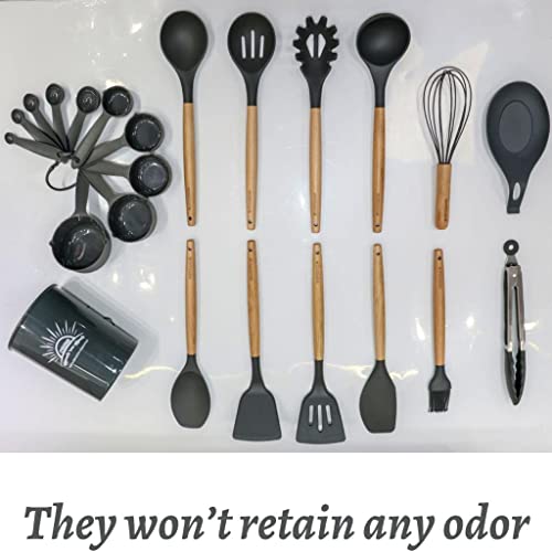 Silicone Cooking Utensils Set - 446°F Heat Resistant Silicone Kitchen Utensils for Cooking,Kitchen Utensil Spatula Set w Wooden Handles and Holder, BPA Free Gadgets for Non-Stick Cookware (Gray)