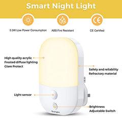 Suright Plug in Night Light with Dusk to Dawn Photocell Sensor, 2 Pack Night Light with 5 Levels Brightness Adjustable, 3000K Warm White Night Light Kids for Bedroom, Hallway, Stairs, Nursery, 0.3 W