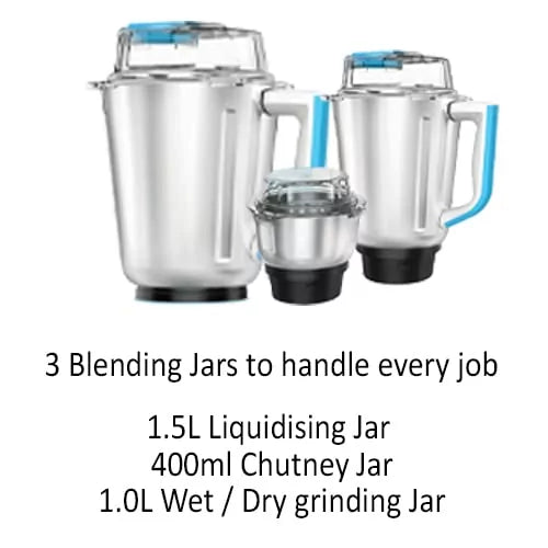 Nikai Blender 900w 3 in 1 Stainless Steel Blender with 3 Jars – 1.5 Ltr Liquid Jar, 400 ml Dry/Wet Jar and 1 Ltr Dry/Wet Grinding Jar, Stainless Steel Blades and 3 Speed Settings NB694A