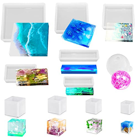 11 Pcs Resin Moulds, FineGood Epoxy Resin Moulds Silicone Square Ball Resin Mould DIY Cube Silicone Moulds for Resin Flower Preservation Jewellery Soap Specimen