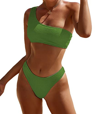 YIMISAN Women's Ribbed Bikini Sets One Shoulder Top with Mid Waist Two Piece Bathing Suit, Green 1, Small