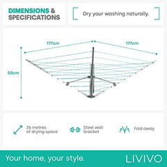 LIVIVO Wall Mounted 5 Arm Aluminum Indoor or Outdoor 26m Clothes Airer Washing Line with Fixing Plate and Fittings Included