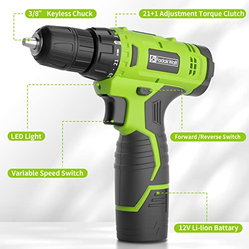 FADAKWALT 12V Cordless Drill, Battery Power Drill Drivers, 3/8” inch Keyless Chuck, Electric Screwdriver Kit, 21+1 Torque Setting, Combi Drill with Li-Ion Battery and Charger