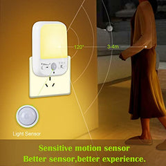 LED Night Light Plug in Walls, Night Light Motion Sensor with 4 Lighting Modes, Brightness Adjustable Warm White Lamp, Eye-Friendly Night Lighting for Baby, Kids, Hallways, Stairs (2PC)