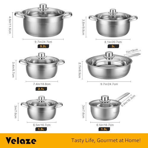 Velaze Cookware Set, Series Motti, 12-Piece Stainless Steel Pot & Pan Sets, Induction Safe, Saucepan, Casserole, pan with Glass lid