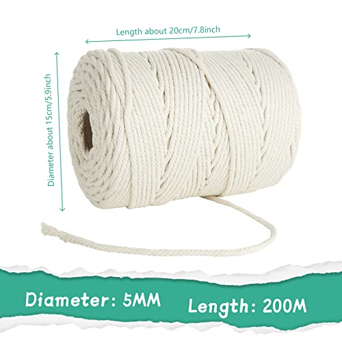 Aselected 5MM Macrame Cord, 656Feet Cotton Macrame Yarn Thick Rope For Wall Hanging Planters Hangers, Diy Crafts And Handmade Arts(Beige)