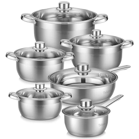 Velaze Cookware Set, Series Motti, 12-Piece Stainless Steel Pot & Pan Sets, Induction Safe, Saucepan, Casserole, pan with Glass lid