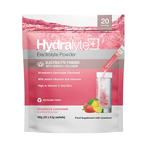 Hydralyte Plus Collagen Effervescent Electrolyte Sachets, 20 Sticks, Strawberry Lemonade, Effective Rehydration Tablets Rapidly Replenish Lost Salts