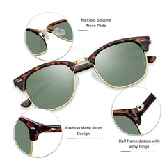 KANASTAL Green Sunglasses Mens Polarised Womens Dark Green Half Framed Sun Glasses Female Retro Semi Rimless Sunglasses - Tortoiseshell Framed Green Lens